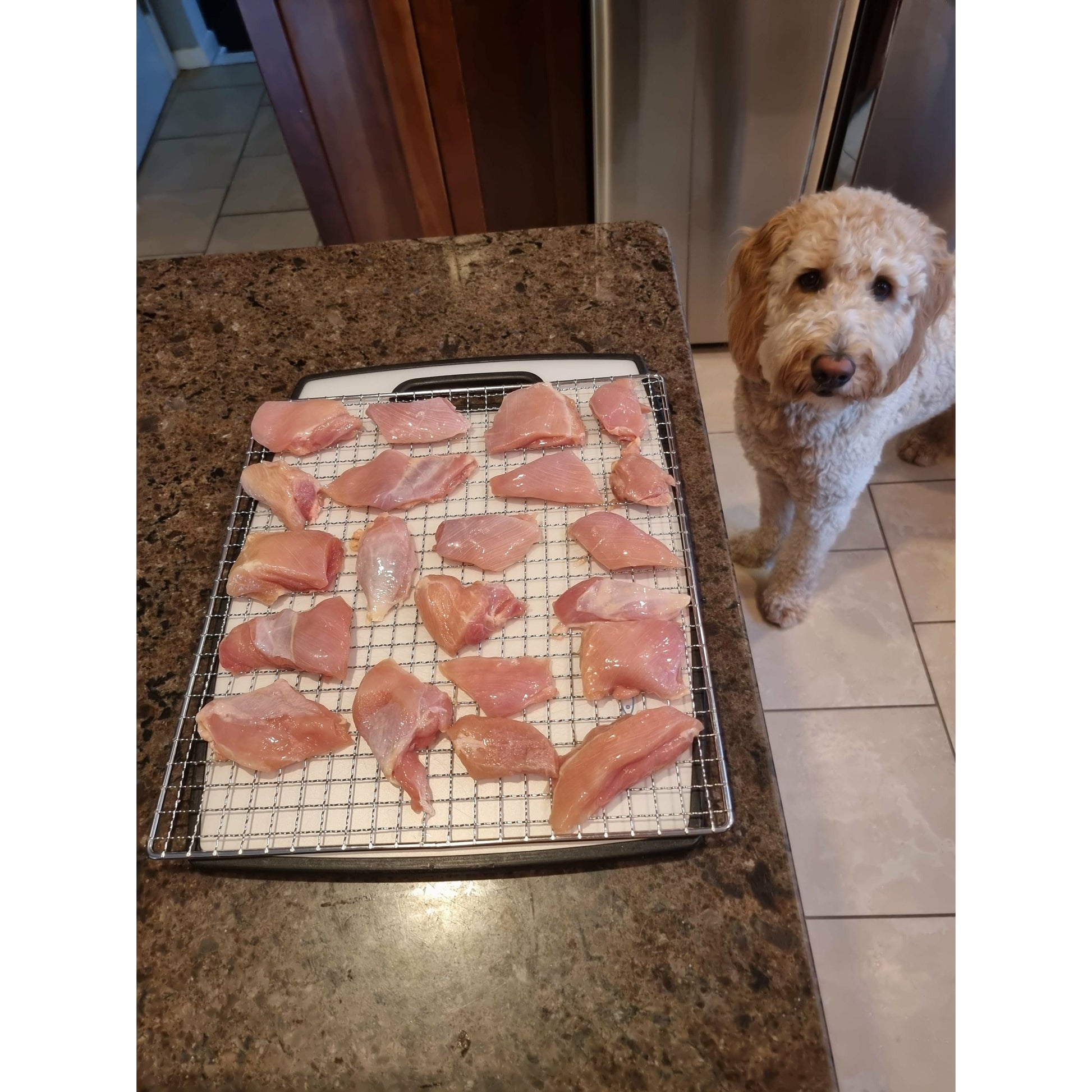 natural single ingredient dog treats dehydrated  100% chicken thigh meat size: (4oz)